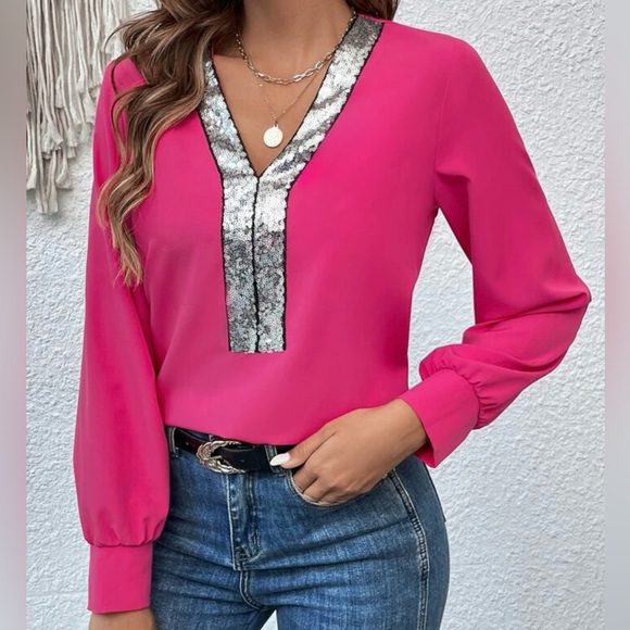 SHEIN Essnce Contrast Sequin V Neck Blouse in Hot Punk..Sz. M..never worn..NWOT. - Picture 6 of 7
